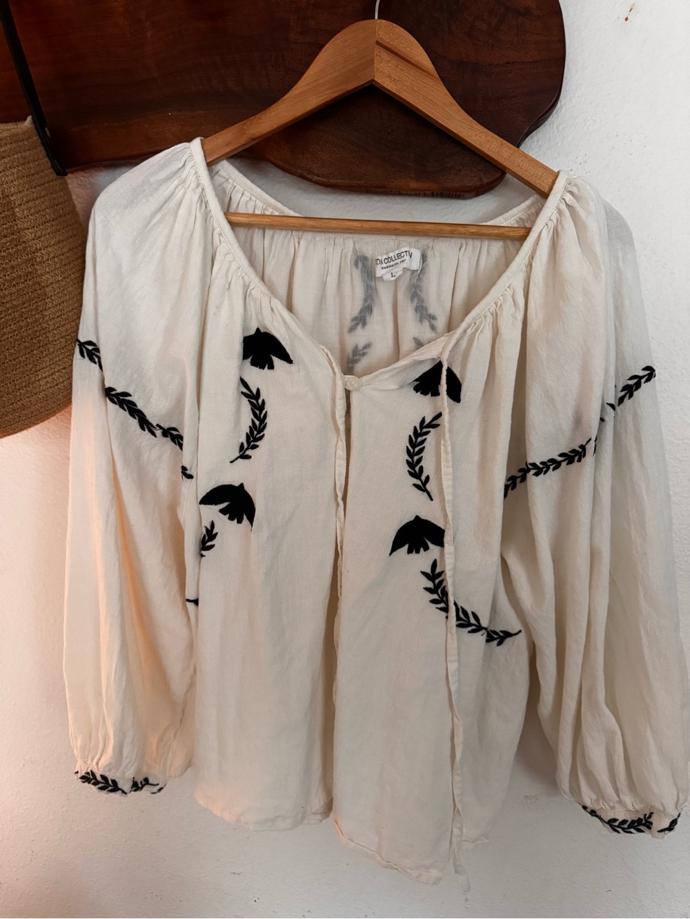 Emerson Fry - India Collection Ivory Peasant Blouse Black Dove Embroidery LG
